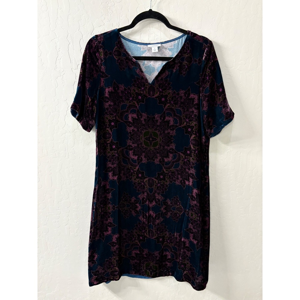 Sundance Nomi Printed Velvet Shift Dress V-Neck Short Sleeve Silk Small